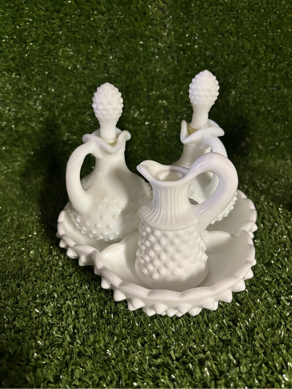 White Milk Glass Hobnail Cruet Set with Tray
